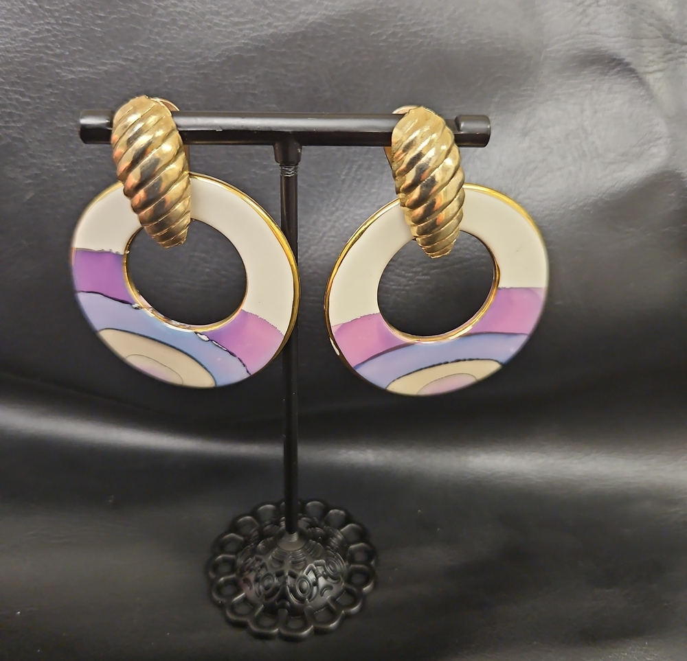 Gold-Tone White & Pastel Enamel Hoop Drop Earrings